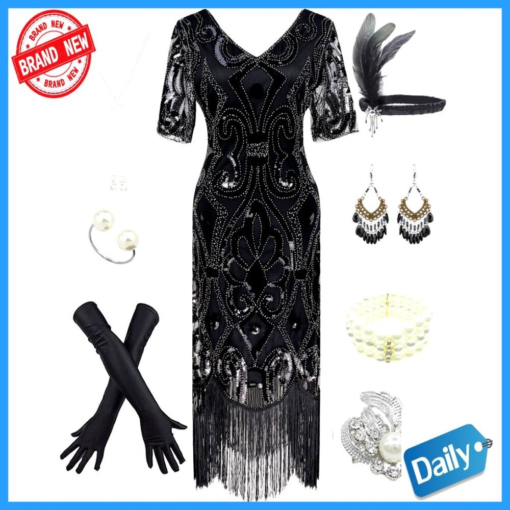 1920s Gatsby Sequin Fringe Flapper Dress Set with Accessories
